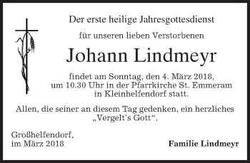 Traueranzeige von Johann Lindmeyr von merkurtz