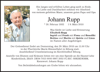 Traueranzeige von Johann Rupp