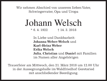 Traueranzeige von Johann Welsch von merkurtz