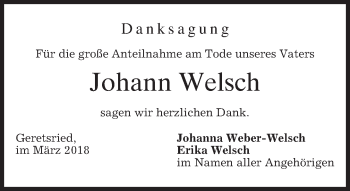 Traueranzeige von Johann Welsch von merkurtz