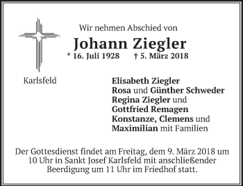 Traueranzeige von Johann Ziegler von merkurtz