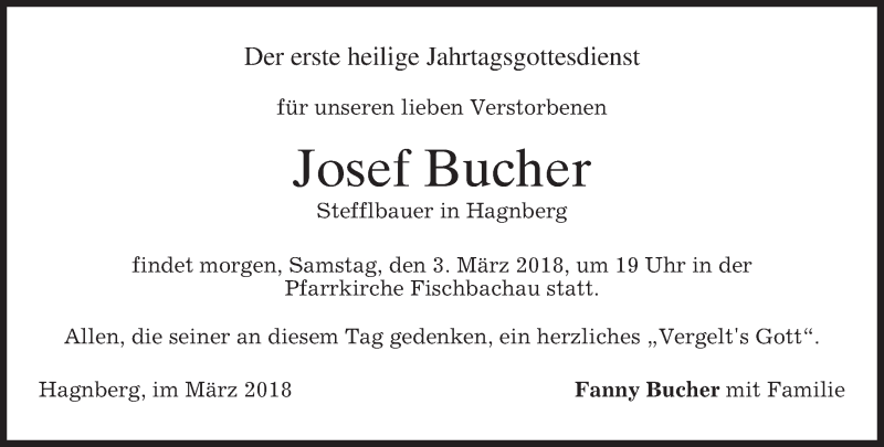  Traueranzeige für Josef Bucher vom 02.03.2018 aus merkurtz