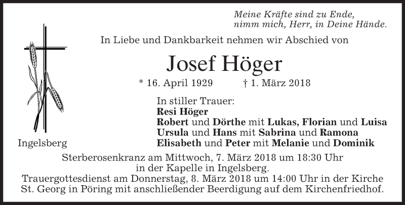  Traueranzeige für Josef Höger vom 05.03.2018 aus merkurtz