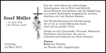 Traueranzeige von Josef Müller von merkurtz