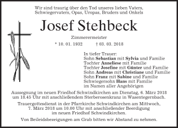 Traueranzeige von Josef Stehbeck von merkurtz