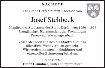 Traueranzeige von Josef Stehbeck von merkurtz