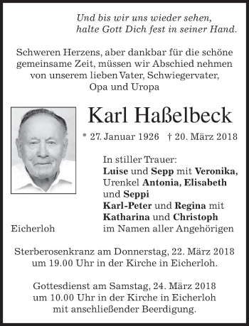 Traueranzeige von Karl Haßelbeck von merkurtz