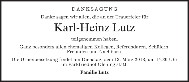  Traueranzeige für Karl-Heinz Lutz vom 10.03.2018 aus merkurtz