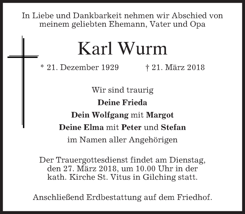  Traueranzeige für Karl Wurm vom 24.03.2018 aus merkurtz
