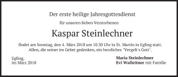 Traueranzeige von Kaspar Steinlechner von merkurtz