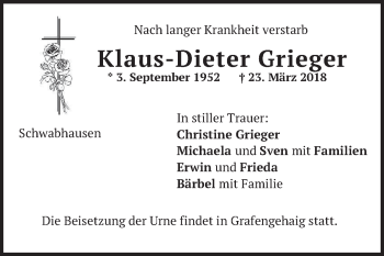 Traueranzeige von Klaus-Dieter Grieger