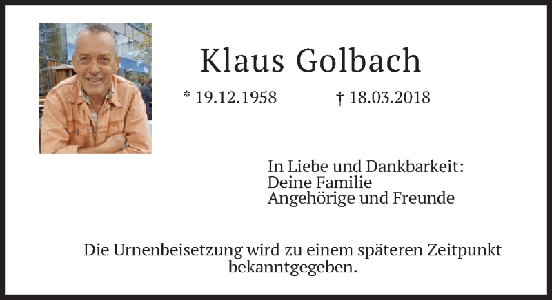  Traueranzeige für Klaus Golbach vom 26.03.2018 aus merkurtz