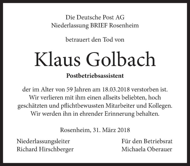  Traueranzeige für Klaus Golbach vom 31.03.2018 aus merkurtz