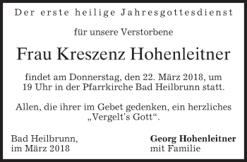 Traueranzeige von Kreszenz Hohenleitner von merkurtz