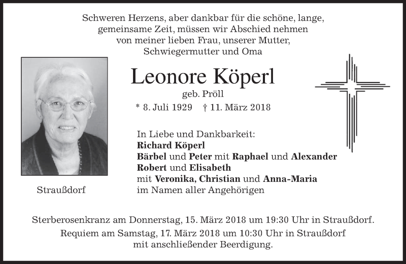  Traueranzeige für Leonore Köperl vom 13.03.2018 aus merkurtz