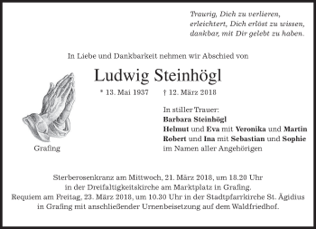 Traueranzeige von Ludwig Steinhögl von merkurtz