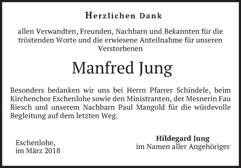  Traueranzeige für Manfred Jung vom 10.03.2018 aus merkurtz