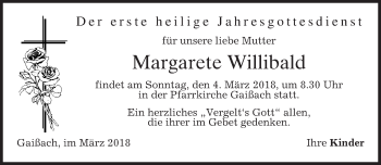 Traueranzeige von Margarete Willibald von merkurtz