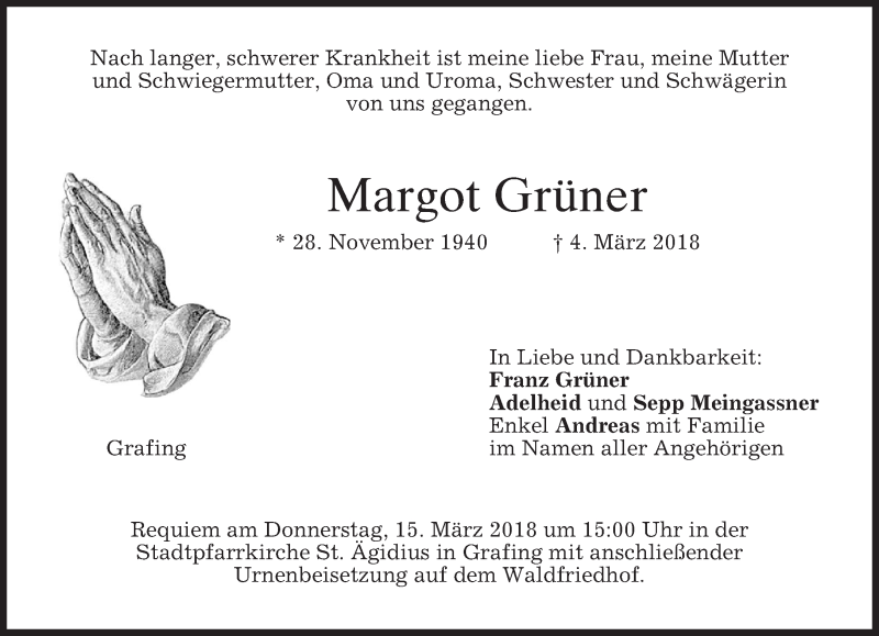  Traueranzeige für Margot Grüner vom 10.03.2018 aus merkurtz