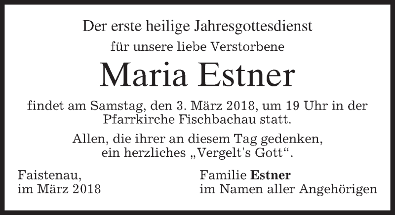  Traueranzeige für Maria Estner vom 01.03.2018 aus merkurtz