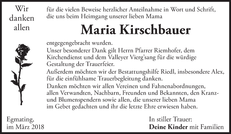  Traueranzeige für Maria Kirschbauer vom 10.03.2018 aus merkurtz