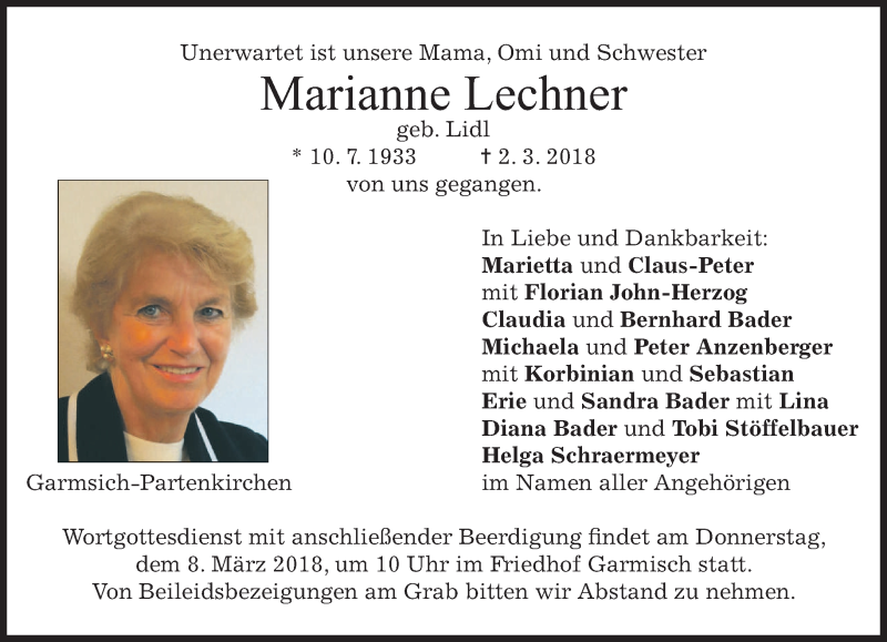  Traueranzeige für Marianne Lechner vom 06.03.2018 aus merkurtz
