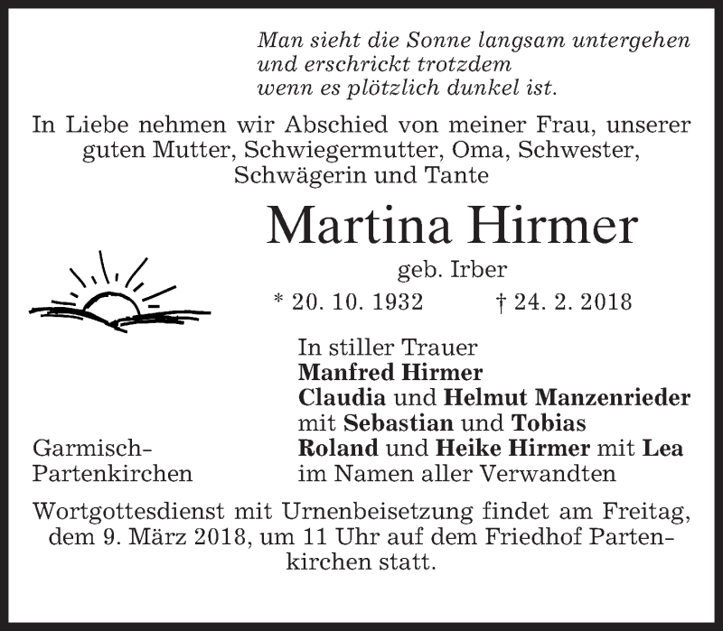  Traueranzeige für Martina Hirmer vom 03.03.2018 aus merkurtz