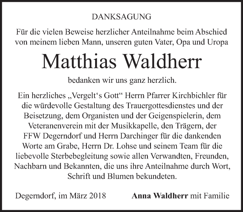  Traueranzeige für Matthias Waldherr vom 31.03.2018 aus merkurtz