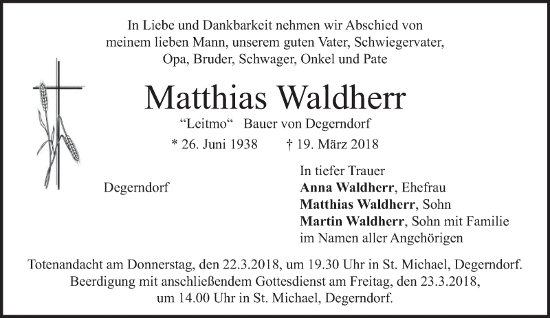  Traueranzeige für Matthias Waldherr vom 21.03.2018 aus merkurtz