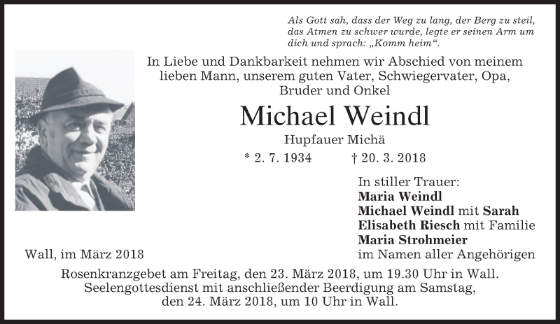  Traueranzeige für Michael Weindl vom 22.03.2018 aus merkurtz