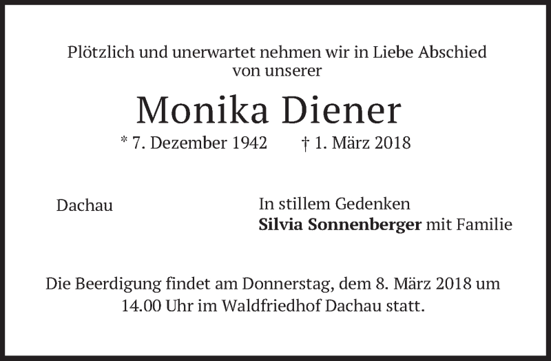  Traueranzeige für Monika Diener vom 06.03.2018 aus merkurtz