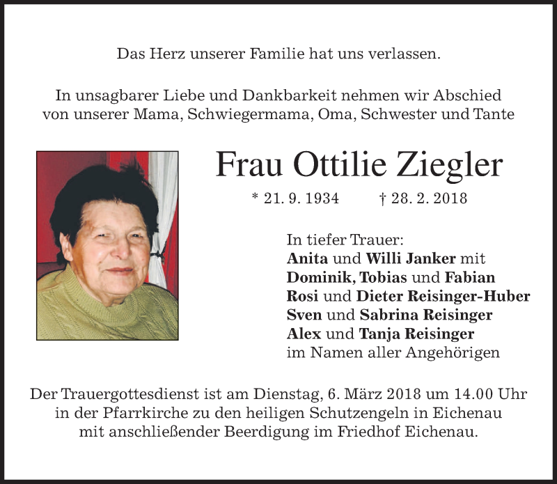  Traueranzeige für Ottilie Ziegler vom 03.03.2018 aus merkurtz