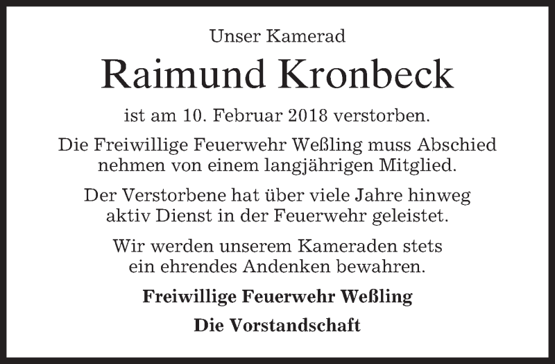  Traueranzeige für Raimund Kronbeck vom 17.03.2018 aus merkurtz