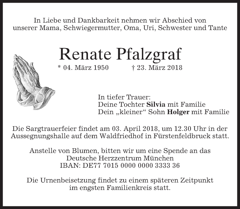  Traueranzeige für Renate Pfalzgraf vom 28.03.2018 aus merkurtz