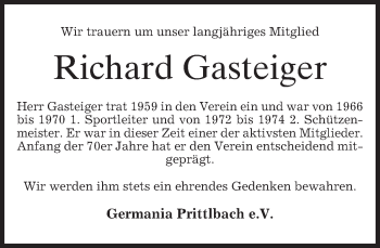 Traueranzeige von Richard Gasteiger von merkurtz