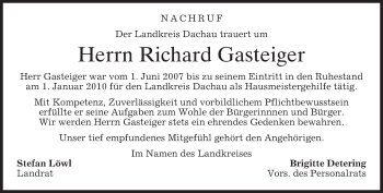 Traueranzeige von Richard Gasteiger von merkurtz