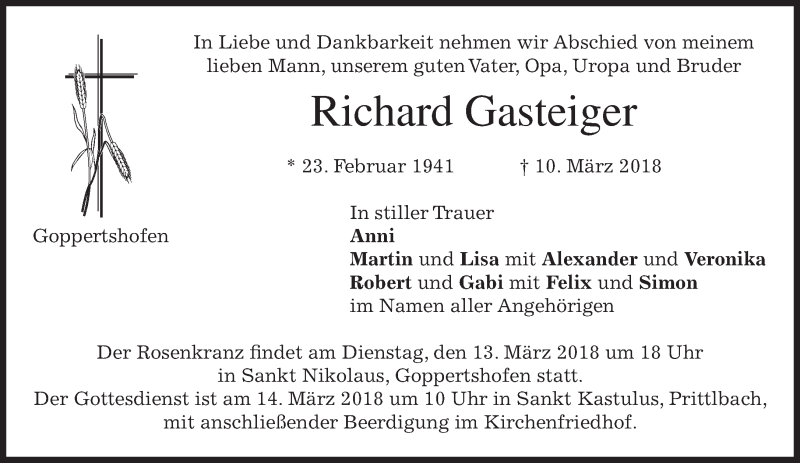  Traueranzeige für Richard Gasteiger vom 12.03.2018 aus merkurtz