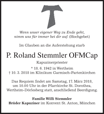 Traueranzeige von Roland Stemmler von merkurtz