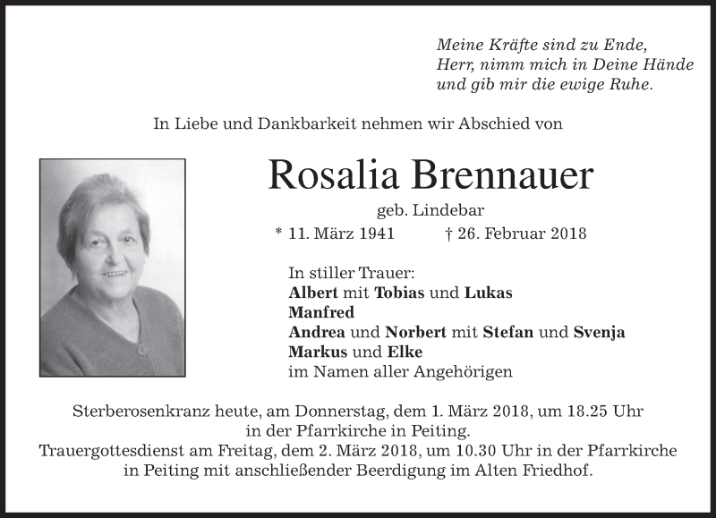 Traueranzeigen Von Rosalia Brennauer | Trauer.merkur.de