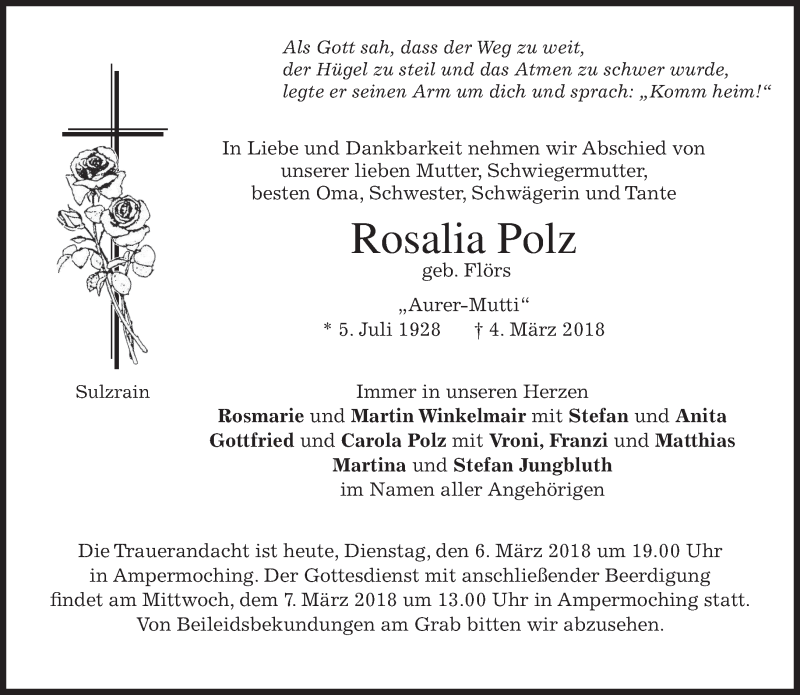  Traueranzeige für Rosalia Polz vom 06.03.2018 aus merkurtz