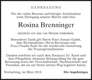 Traueranzeige von Rosina Brenninger von merkurtz