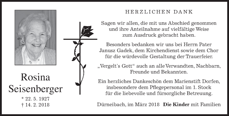  Traueranzeige für Rosina Seisenberger vom 03.03.2018 aus merkurtz