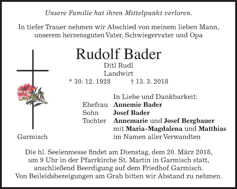  Traueranzeige für Rudolf Bader vom 17.03.2018 aus merkurtz