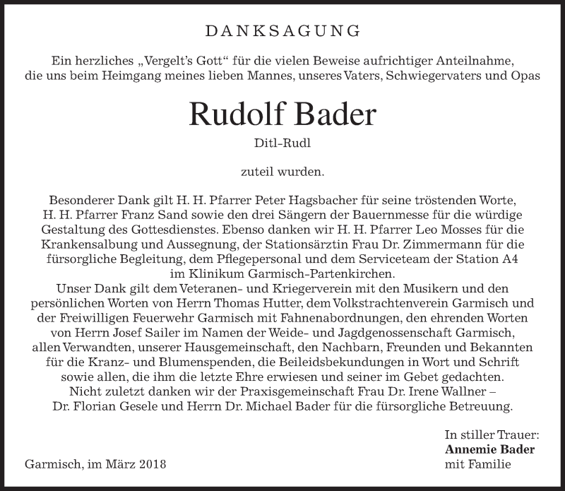  Traueranzeige für Rudolf Bader vom 31.03.2018 aus merkurtz