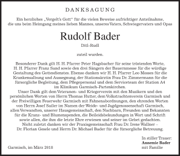 Traueranzeige von Rudolf Bader von merkurtz