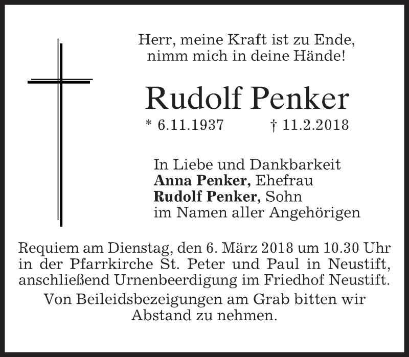  Traueranzeige für Rudolf Penker vom 03.03.2018 aus merkurtz