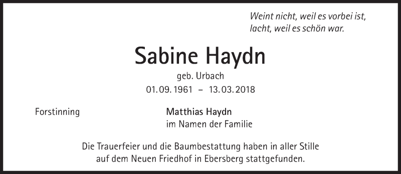  Traueranzeige für Sabine Haydn vom 31.03.2018 aus merkurtz