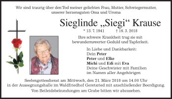Traueranzeige von Sieglinde Krause von merkurtz