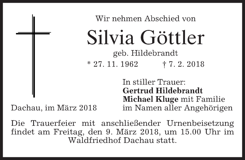  Traueranzeige für Silvia Göttler vom 07.03.2018 aus merkurtz