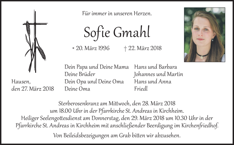  Traueranzeige für Sofie Gmahl vom 27.03.2018 aus merkurtz